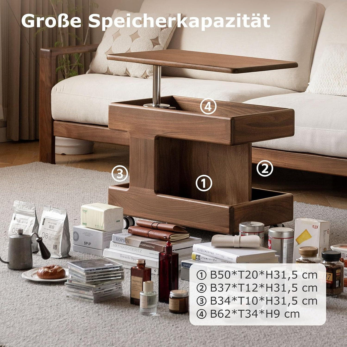 Massivholz Couchtisch Eiche, Höhenverstellbar & Drehbare Tischplatte