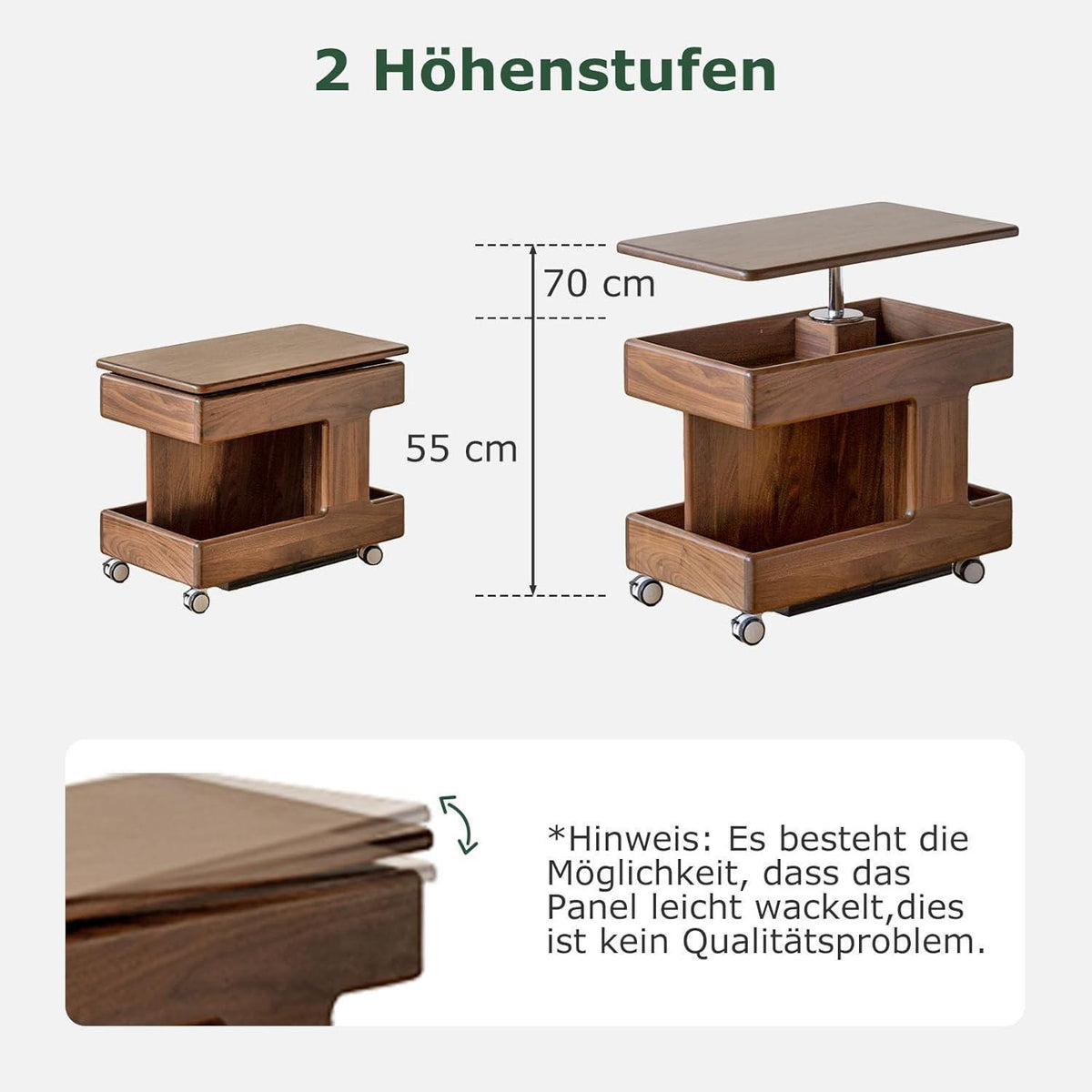 Massivholz Couchtisch Eiche, Höhenverstellbar & Drehbare Tischplatte