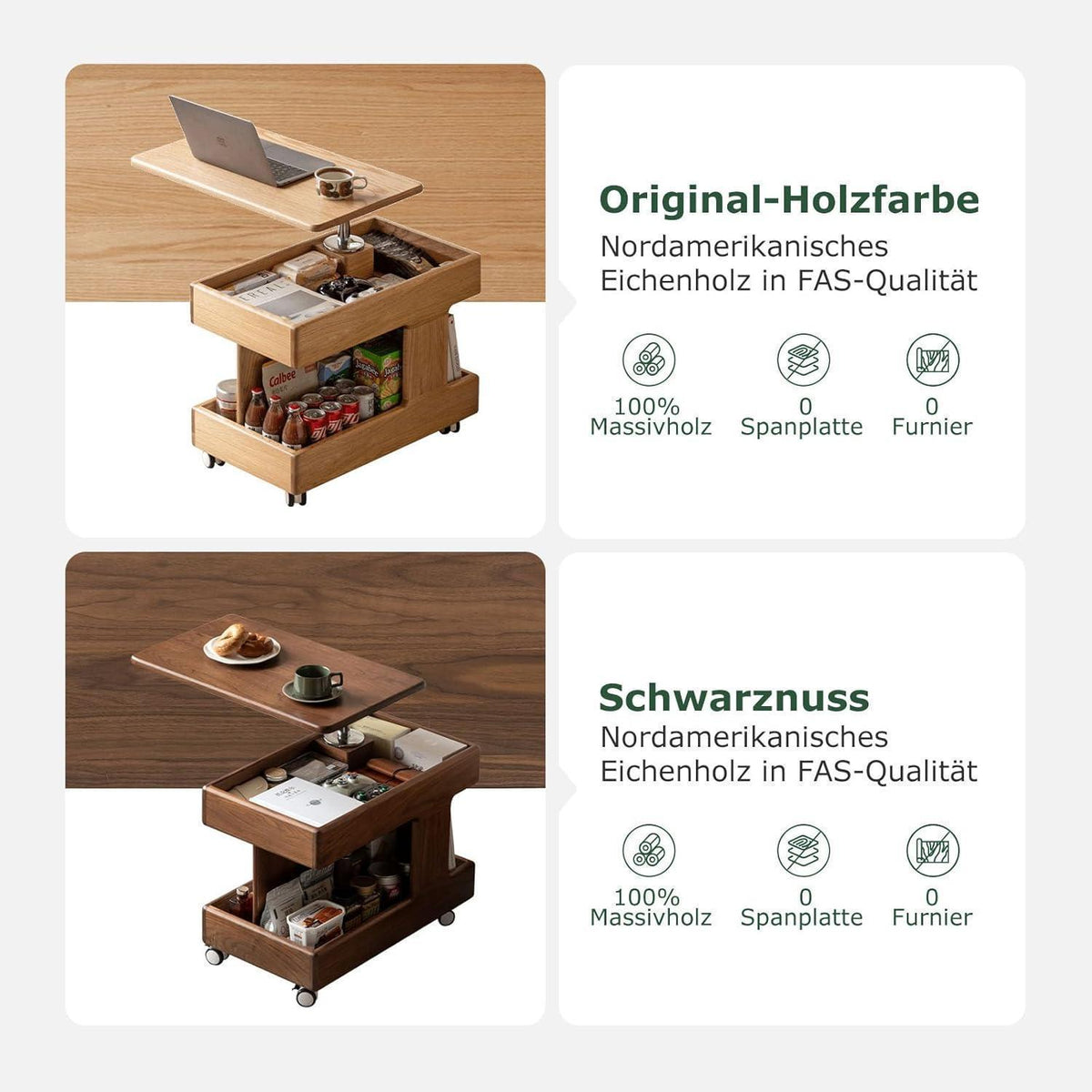 Massivholz Couchtisch Eiche, Höhenverstellbar & Drehbare Tischplatte