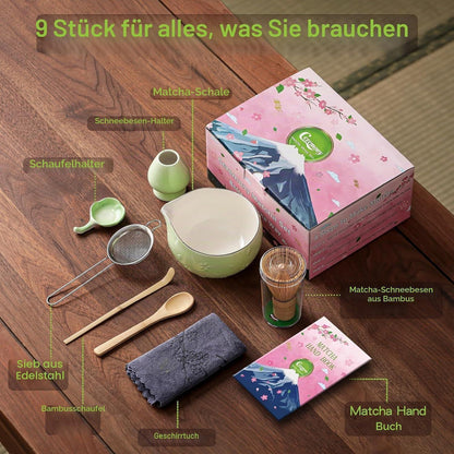 9-teiliges Matcha Set | Bambus Besen & Keramik Schale