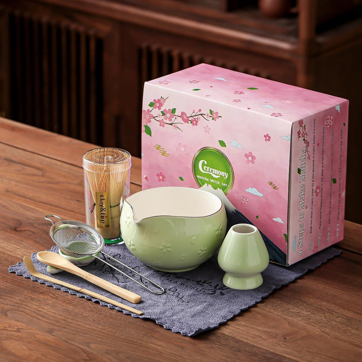 9-teiliges Matcha Set | Bambus Besen & Keramik Schale