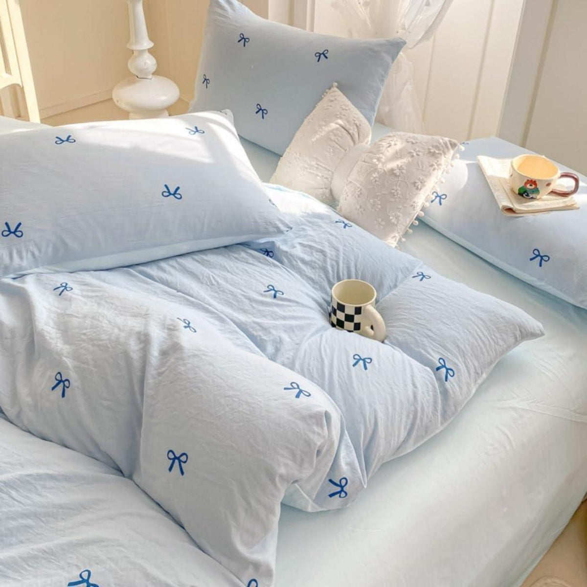 Blaues Mädchen Bettwäsche Set 135x200 mit Schleifenmuster