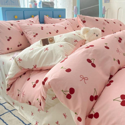 Mädchen Bettwäsche Set 135x200 Rosa Rot Kirschen Schleifen