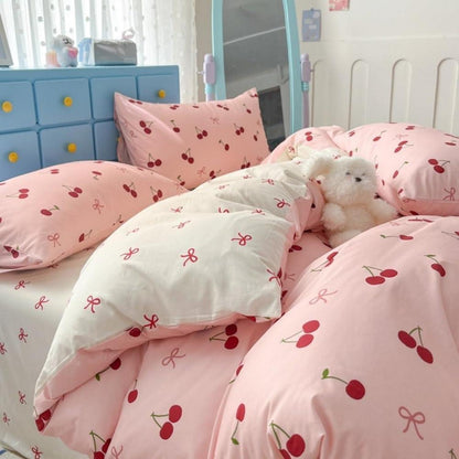 Mädchen Bettwäsche Set 135x200 Rosa Rot Kirschen Schleifen