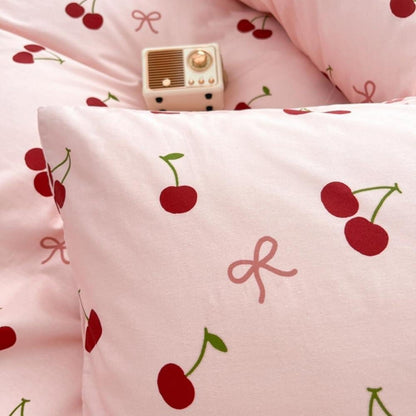 Mädchen Bettwäsche Set 135x200 Rosa Rot Kirschen Schleifen