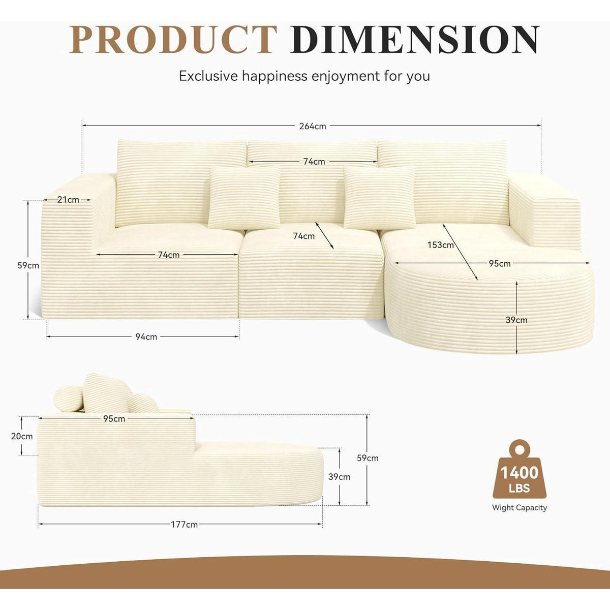 Hawthyhome Ecksofa mit Schlaffunktion, Cordstoff, Beige
