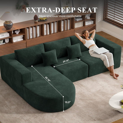 Ecksofa mit Schlaffunktion, rahmenlos, Cordstoff, Grün