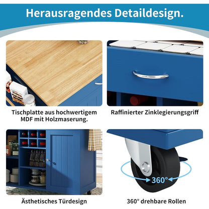Klappbarer Küchenwagen mit Weinregal & Ablagen (Blau)