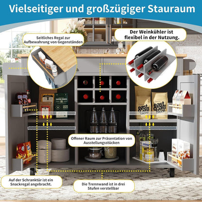 Klappbarer Küchenwagen mit Weinregal & Rollen (Grau)