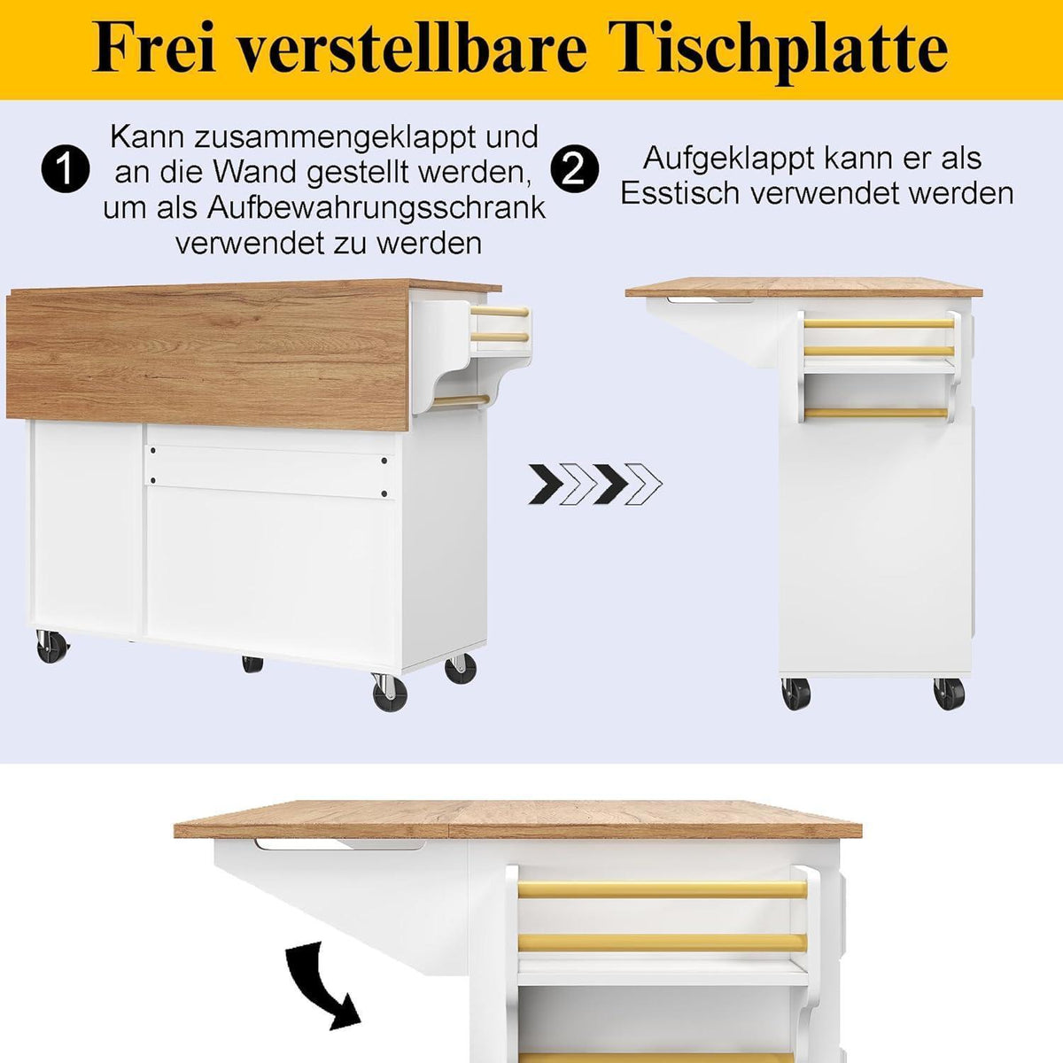 Klappbarer Küchenwagen mit Schubladen & Ablageflächen (Weiß)