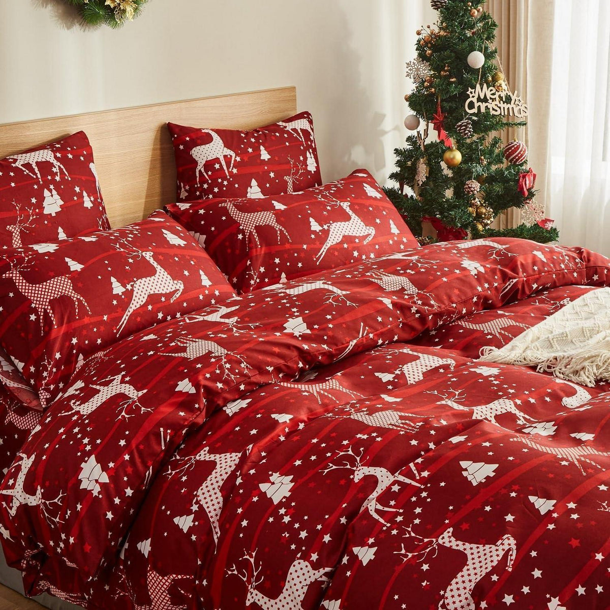 Weihnachts Bettwäsche Set 200x220 cm Rot Elch Muster Mikrofaser