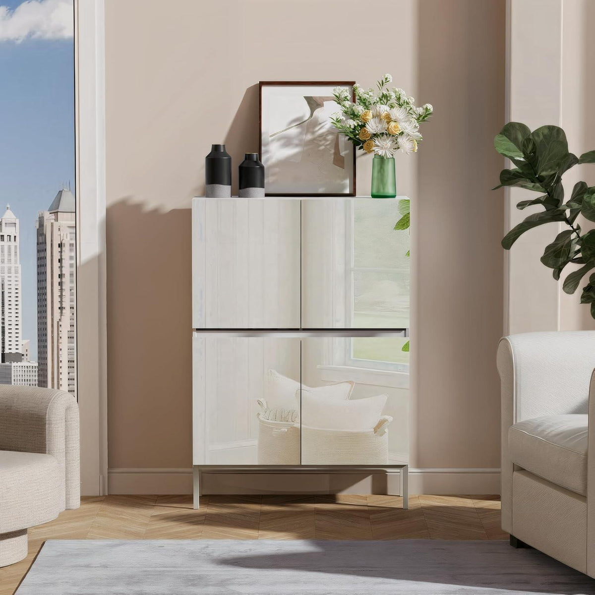 Spiegelschrank 4 Türen Weiß | 80x30,5x115,5 cm | Schubladenoption