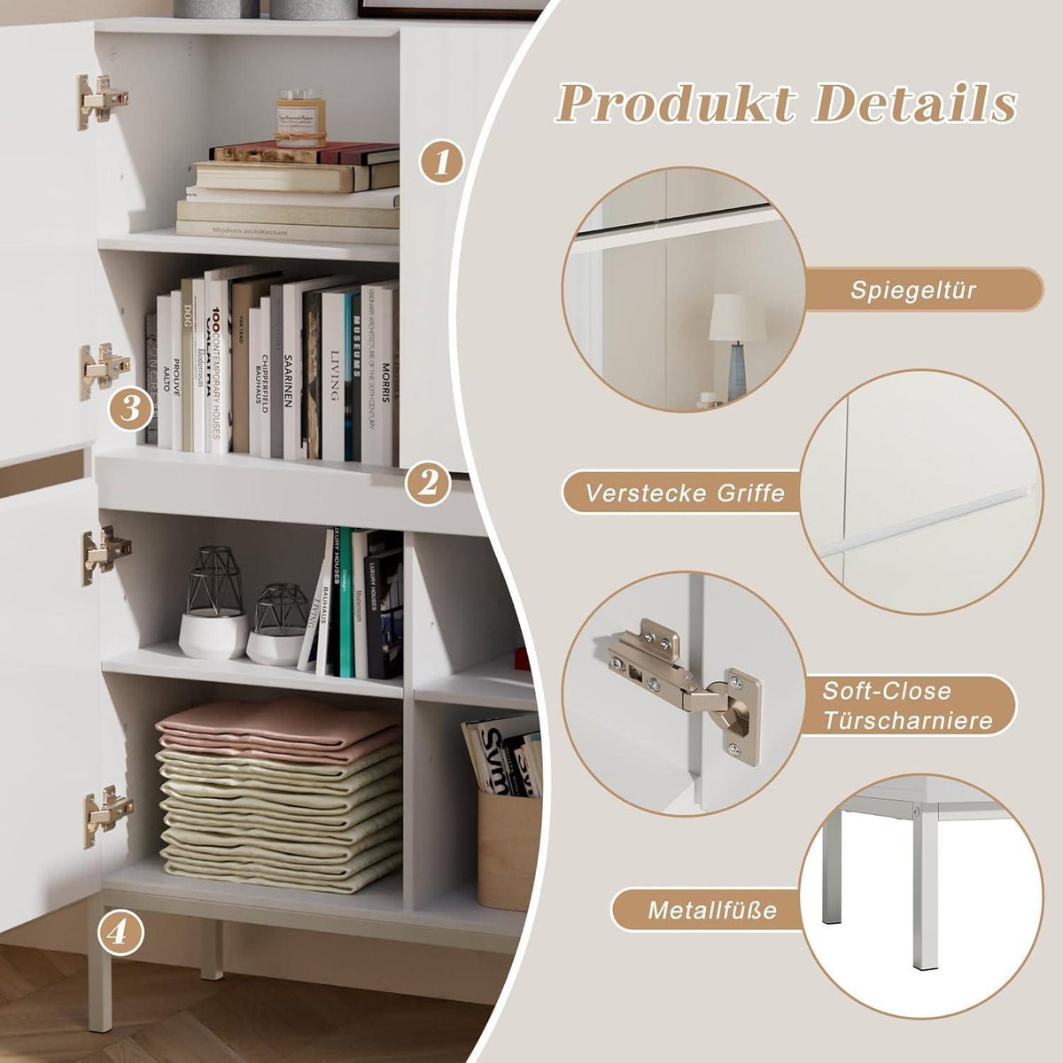 Spiegelschrank 4 Türen Weiß | 80x30,5x115,5 cm | Schubladenoption