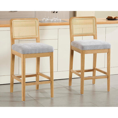 Barhocker Set 4 Grau – Rattan Rückenlehne & Massivholz