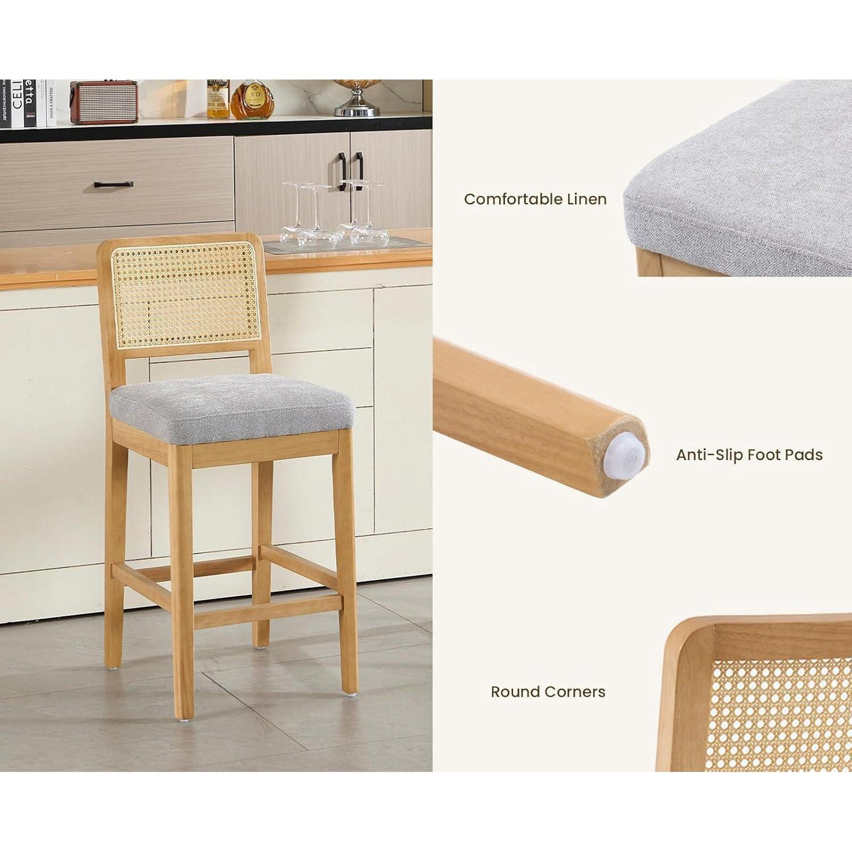 Barhocker Set 4 Grau – Rattan Rückenlehne & Massivholz
