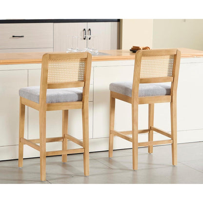 Barhocker Set 4 Grau – Rattan Rückenlehne & Massivholz