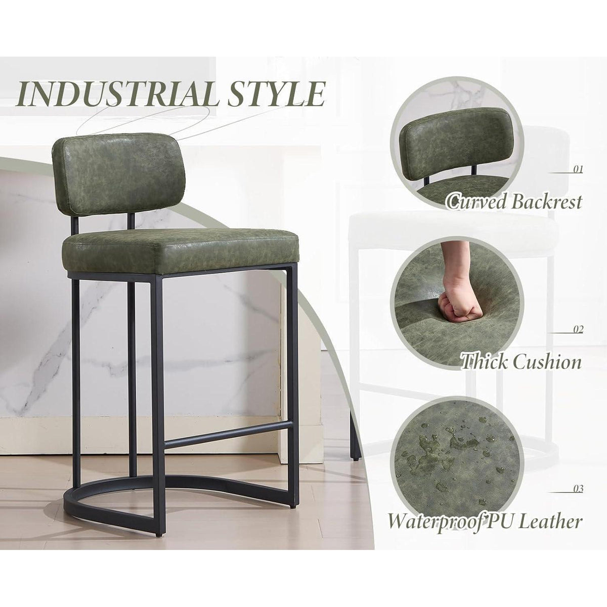 Grüner Barhocker mit Fußstütze – 4er Set, Industriestil