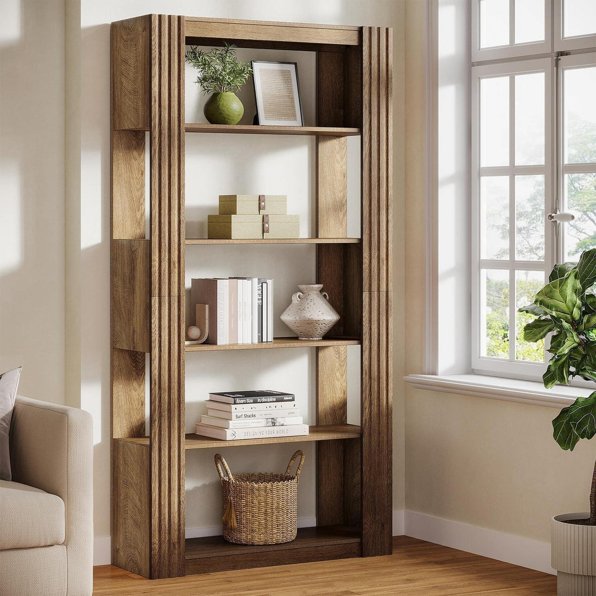 Hohes Bücherregal 5-Ebenen Rustikales Braun