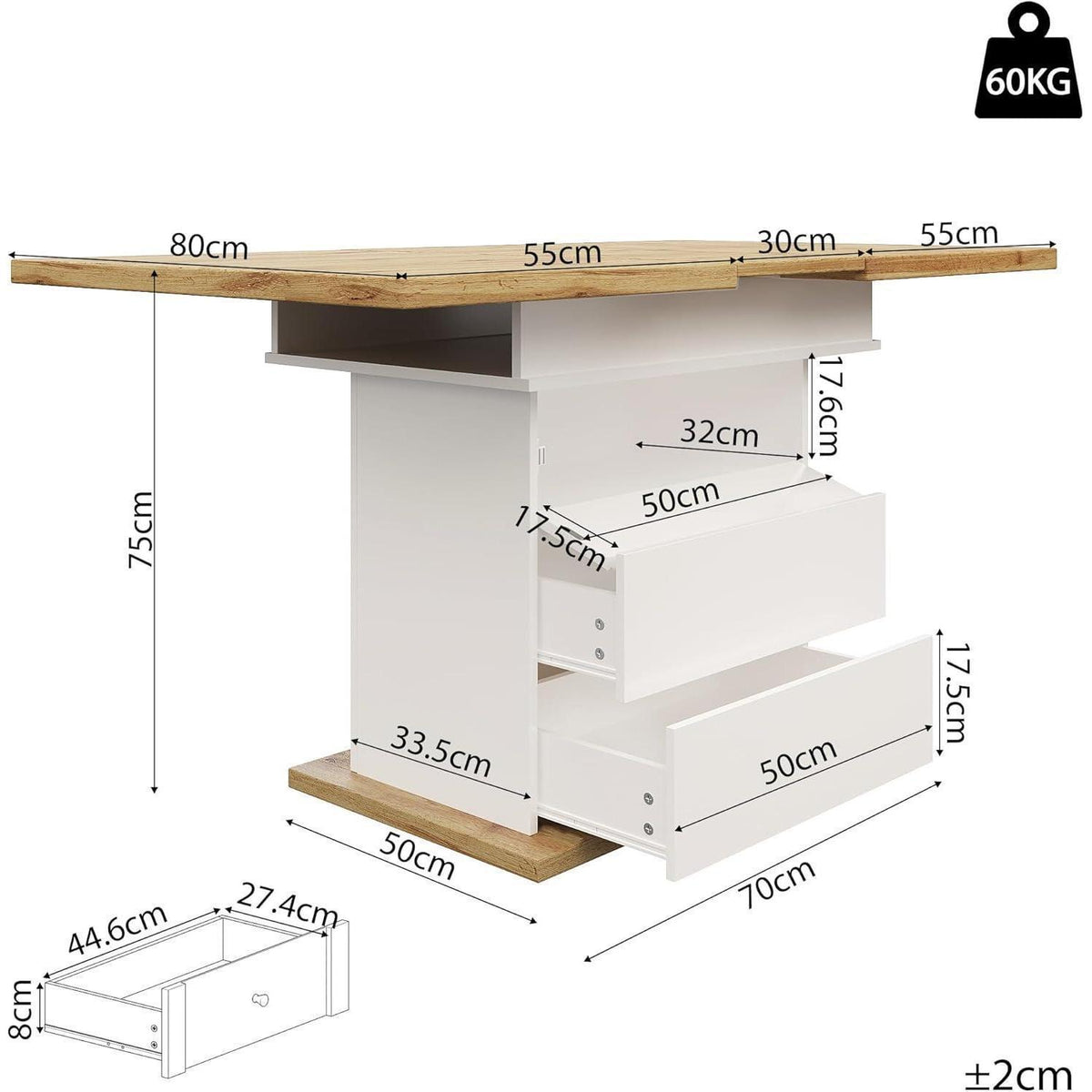 Ausziehbarer Esstisch Holz Weiß mit Stauraum (110-140x80cm)