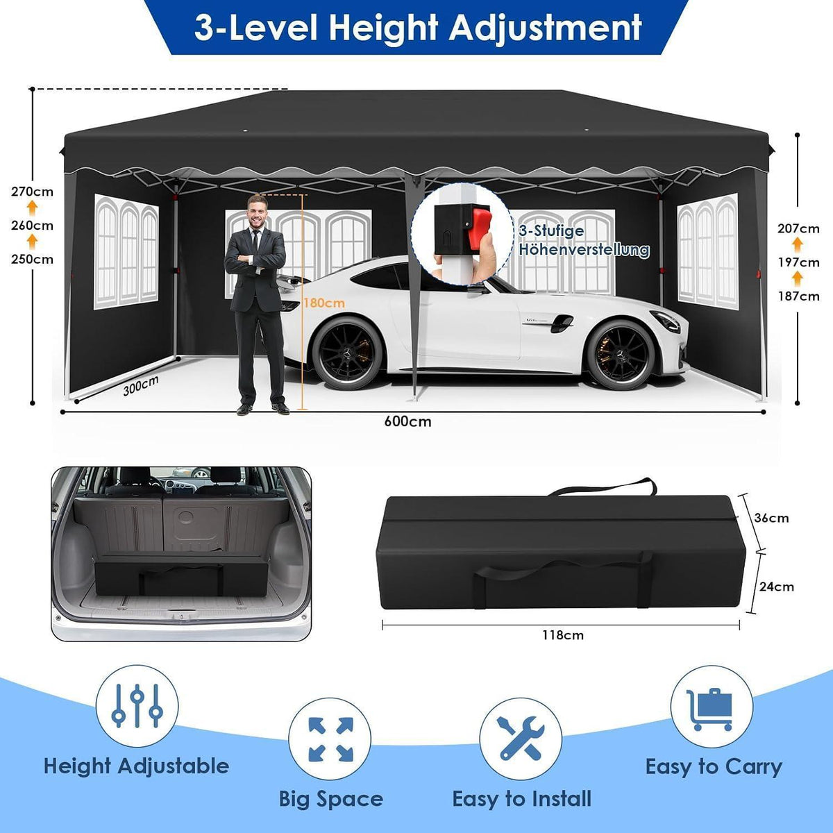 3x6m Pavillon Wasserdicht mit Seitenteilen & UV-Schutz