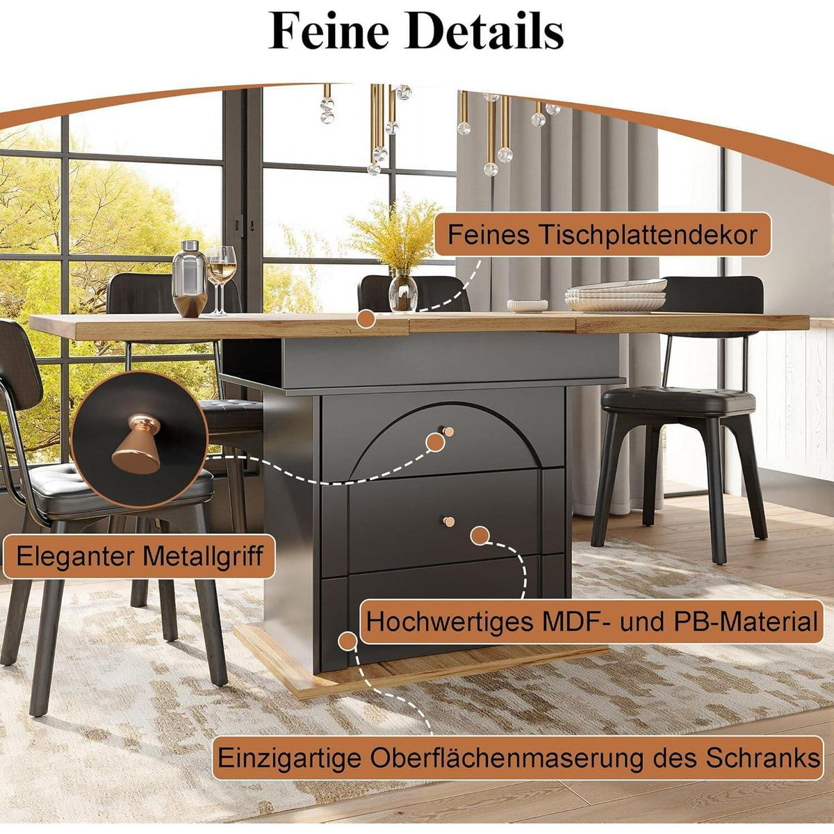 Ausziehbarer Esstisch Holz Schwarz mit Türen & Schubladen (110-140x80cm)