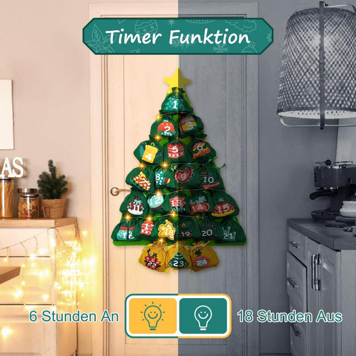 Adventskalender zum Aufhängen mit 24 Stoffbeuteln für Weihnachten