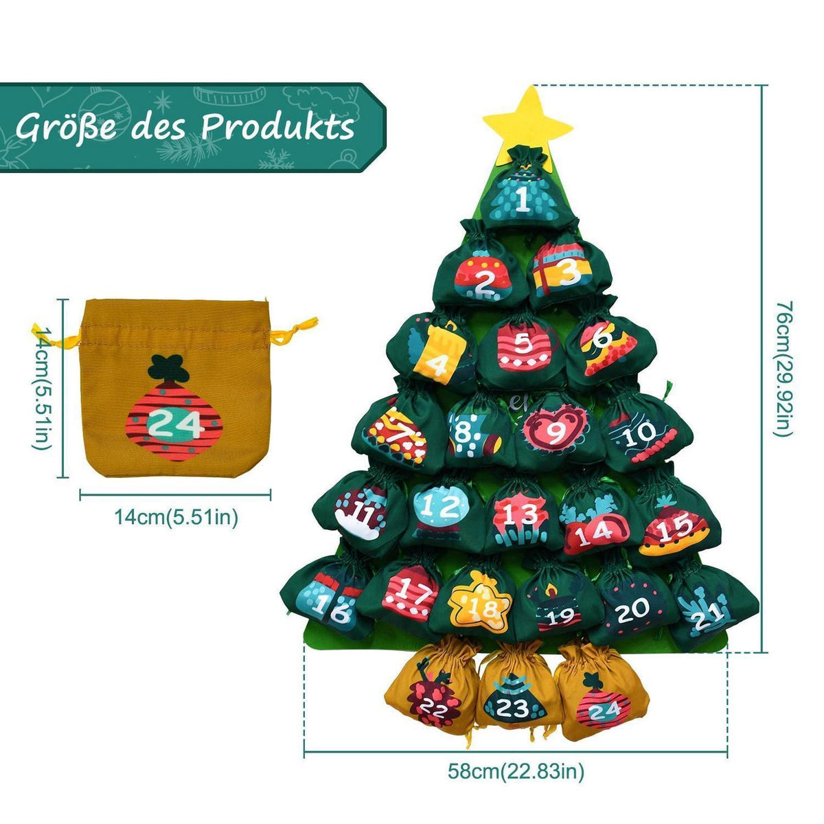 Adventskalender zum Aufhängen mit 24 Stoffbeuteln für Weihnachten