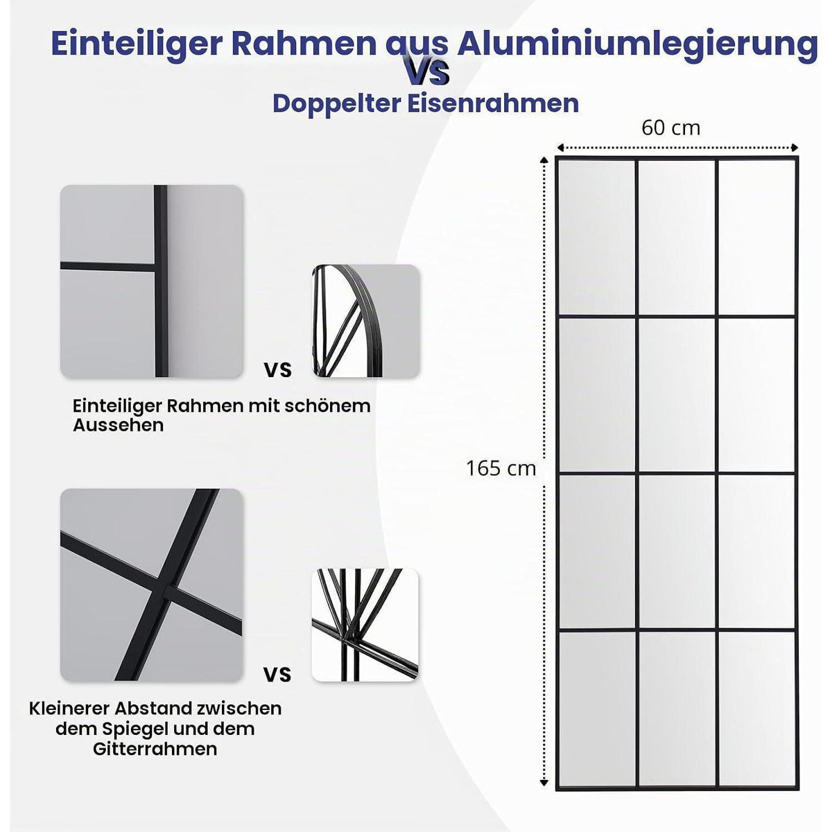 Großer Wandspiegel 165x60cm mit schwarzem Rahmen