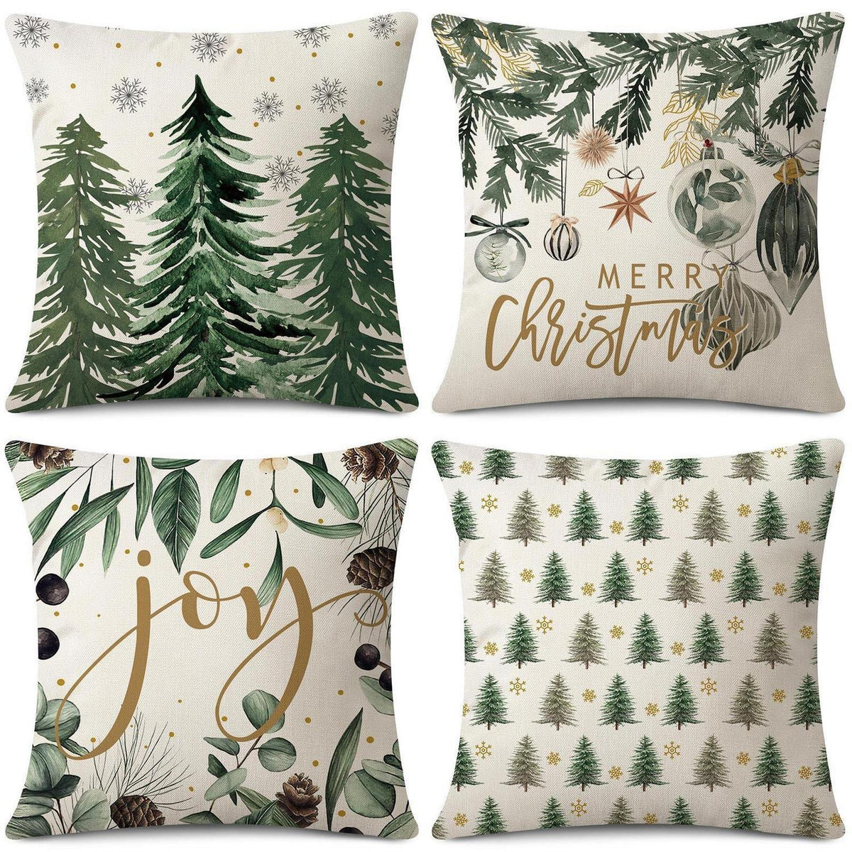 Weihnachtskissenbezüge 4er Set – 40x40 cm, Baum & Kugel