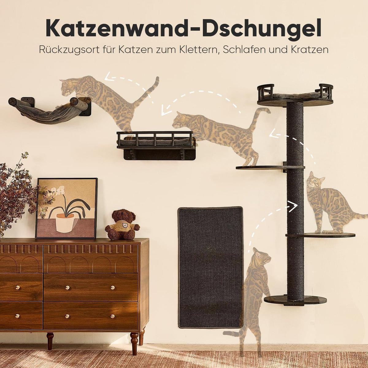 Katzenkletterwand 4in1 – Wandmöbel mit Hängematte & Kratzbaum