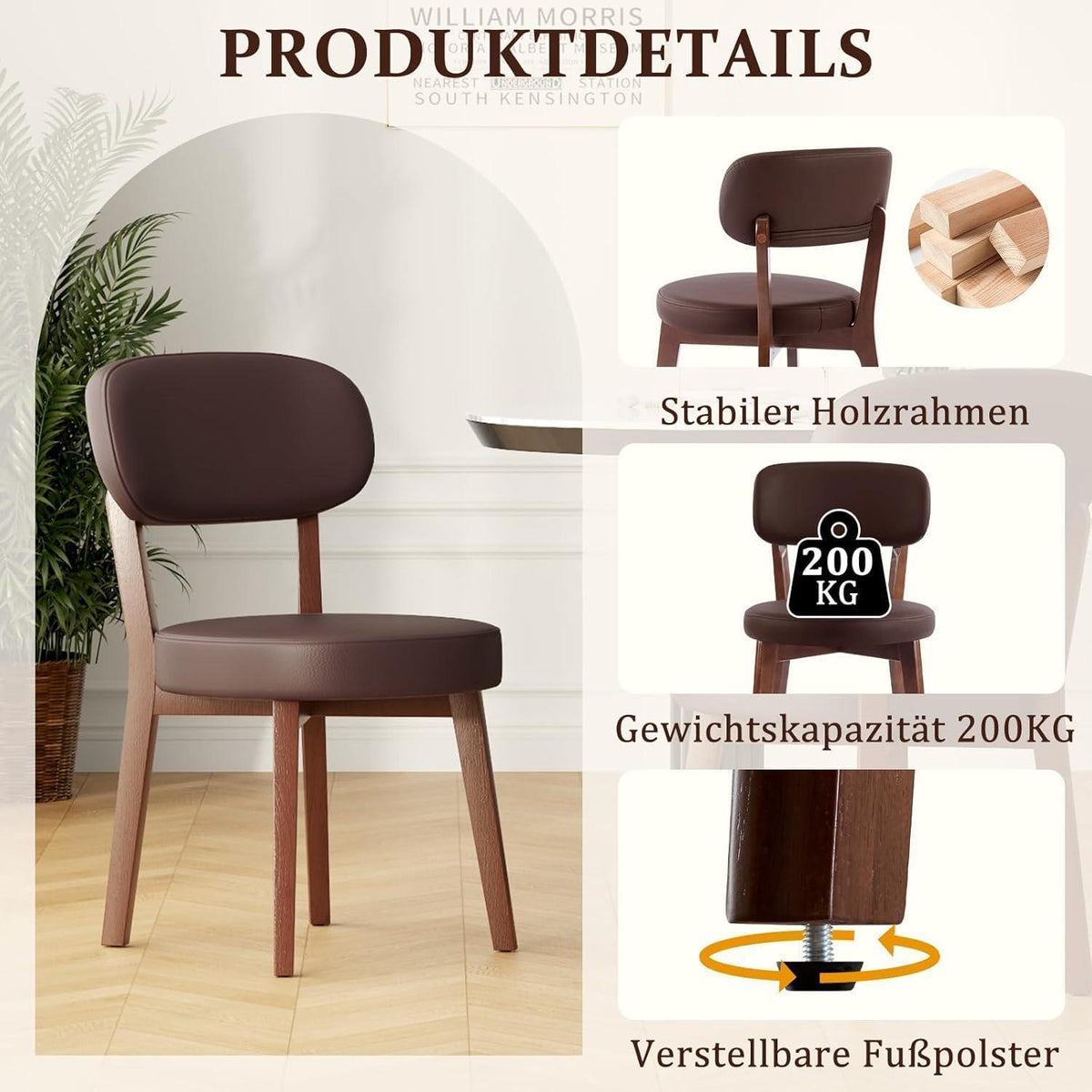 Esszimmerstühle 4er Set, Massivholz, Braun in Lederoptik