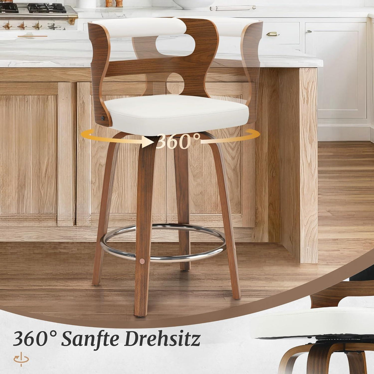Drehbarer Barhocker mit Lehne & Armlehnen – Weiß+Walnut