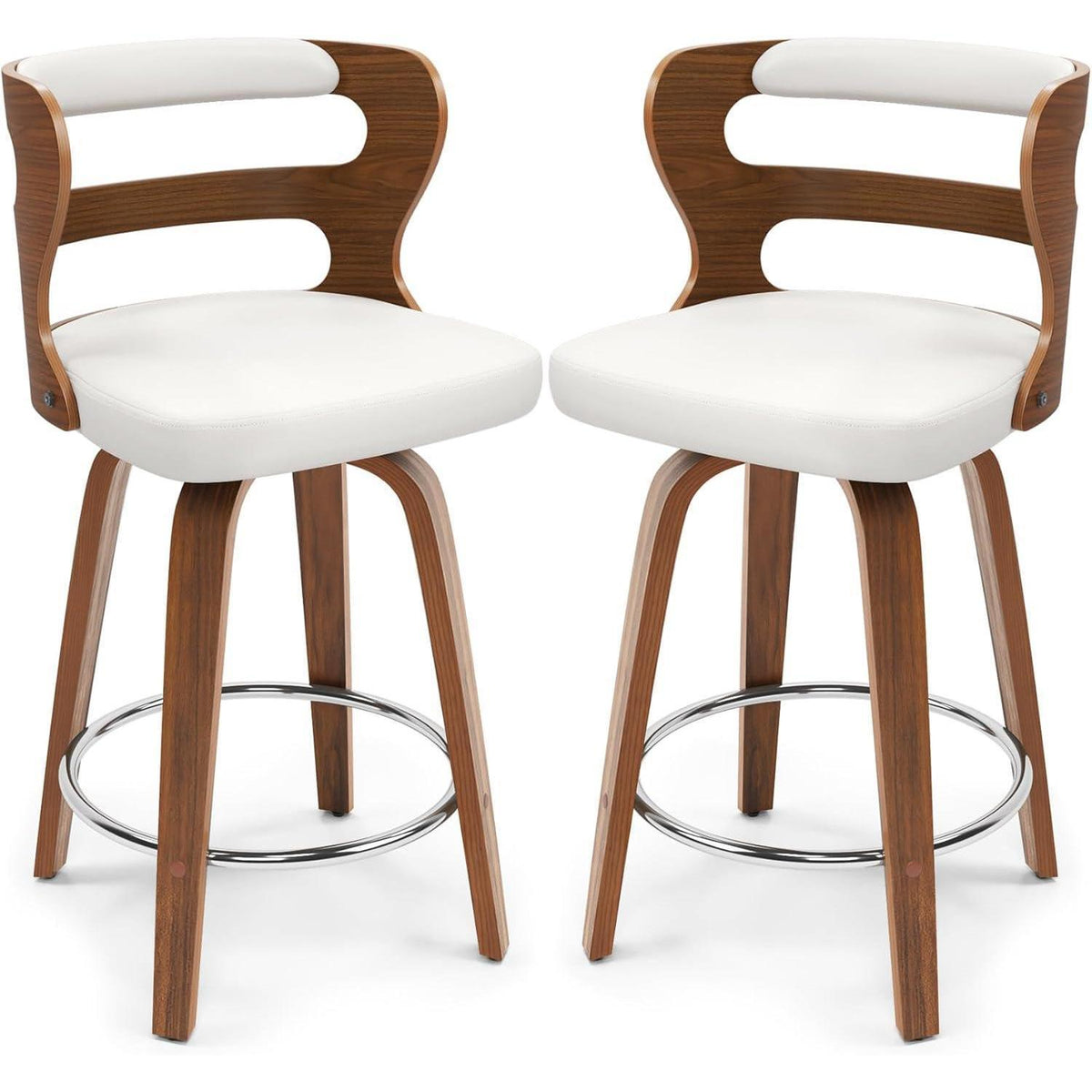 Drehbarer Barhocker mit Lehne & Armlehnen – Weiß+Walnut