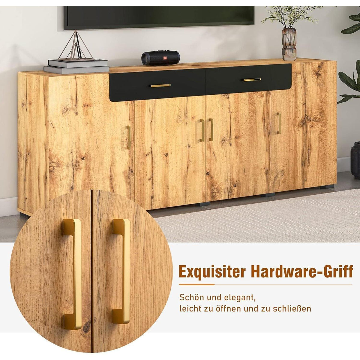 Breites Sideboard mit Marmoroptik & Eichenholz Schubladen