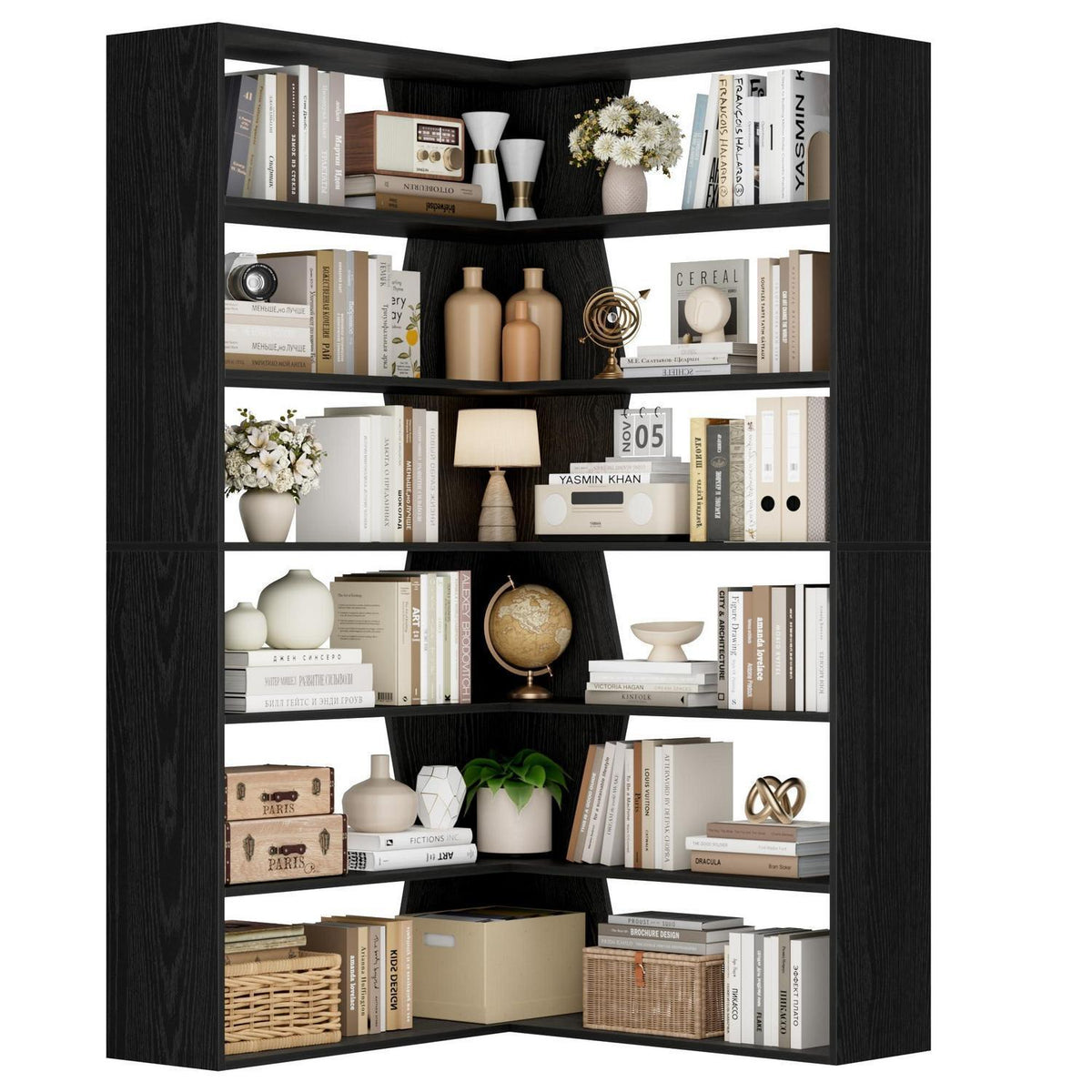 Eckregal 190cm, 6 Ebenen, Schwarz – Stehendes Bücherregal für Wohnzimmer