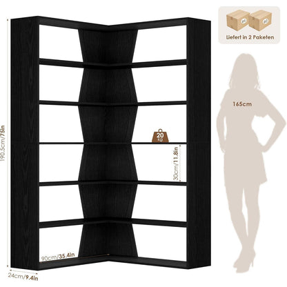 Eckregal 190cm, 6 Ebenen, Schwarz – Stehendes Bücherregal für Wohnzimmer