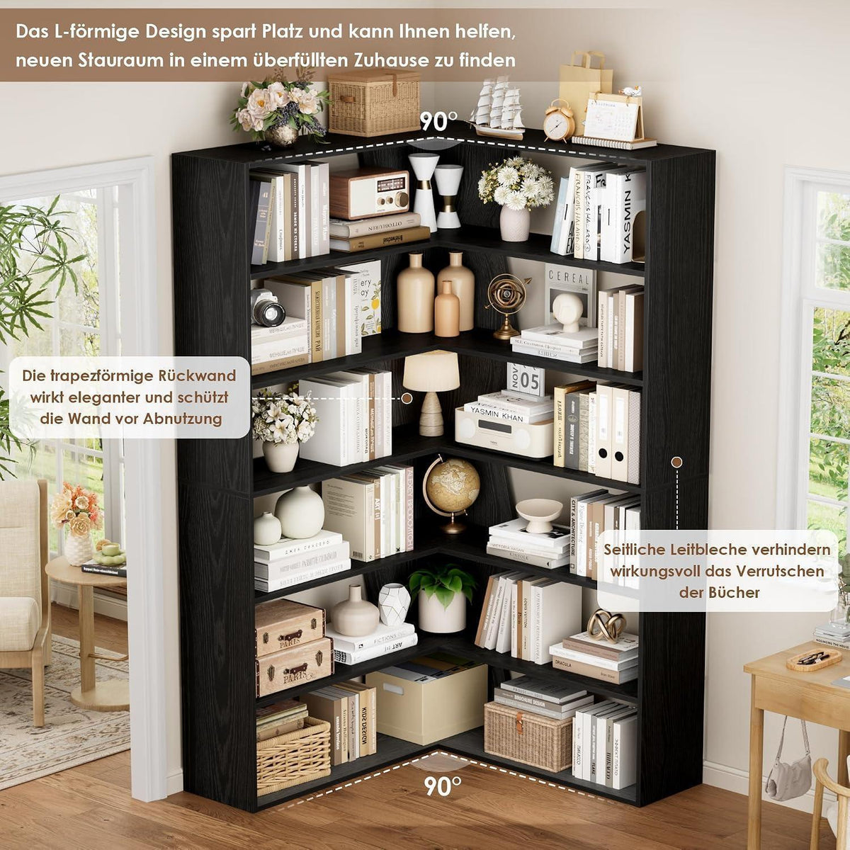 Eckregal 190cm, 6 Ebenen, Schwarz – Stehendes Bücherregal für Wohnzimmer