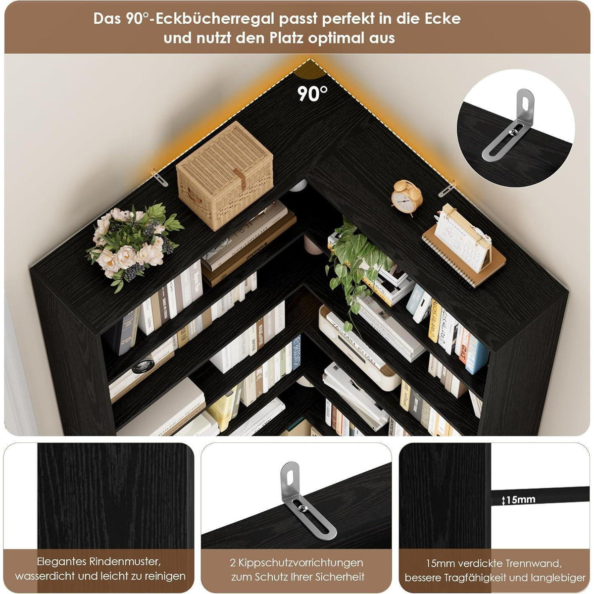 Eckregal 190cm, 6 Ebenen, Schwarz – Stehendes Bücherregal für Wohnzimmer