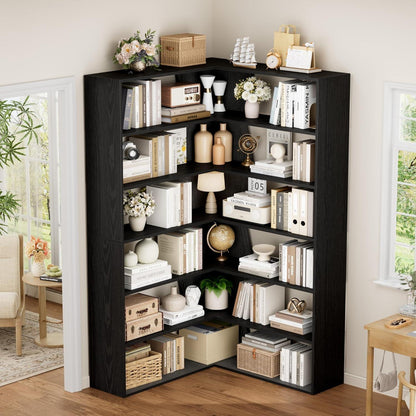 Eckregal 190cm, 6 Ebenen, Schwarz – Stehendes Bücherregal für Wohnzimmer