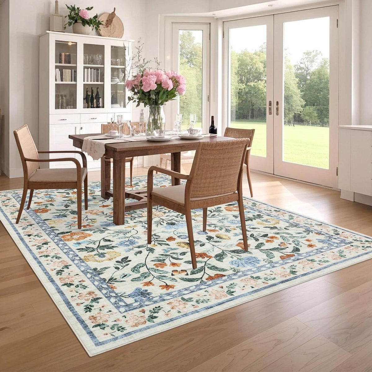 Waschbarer Teppich 120x170 cm – Grüner Wohnzimmerteppich mit Blumenmuster