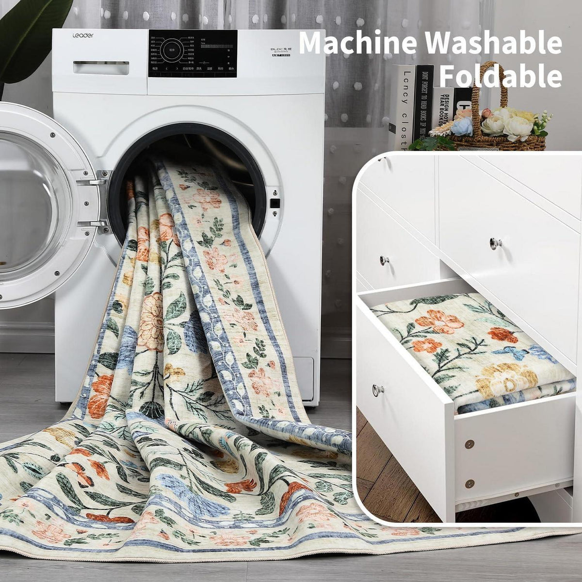Waschbarer Teppich 120x170 cm – Grüner Wohnzimmerteppich mit Blumenmuster