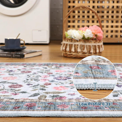 Waschbarer Teppich hellblau 120x170 cm – Rutschfest & Blumenmuster