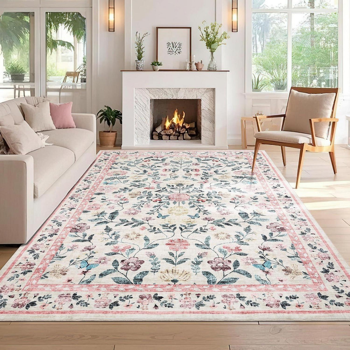Waschbarer Teppich 200x290 cm – Rosa Blumenmuster, Rutschfest
