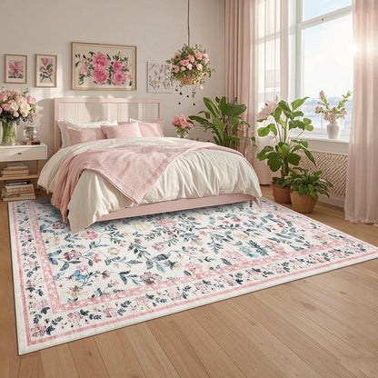 Waschbarer Teppich 200x290 cm – Rosa Blumenmuster, Rutschfest