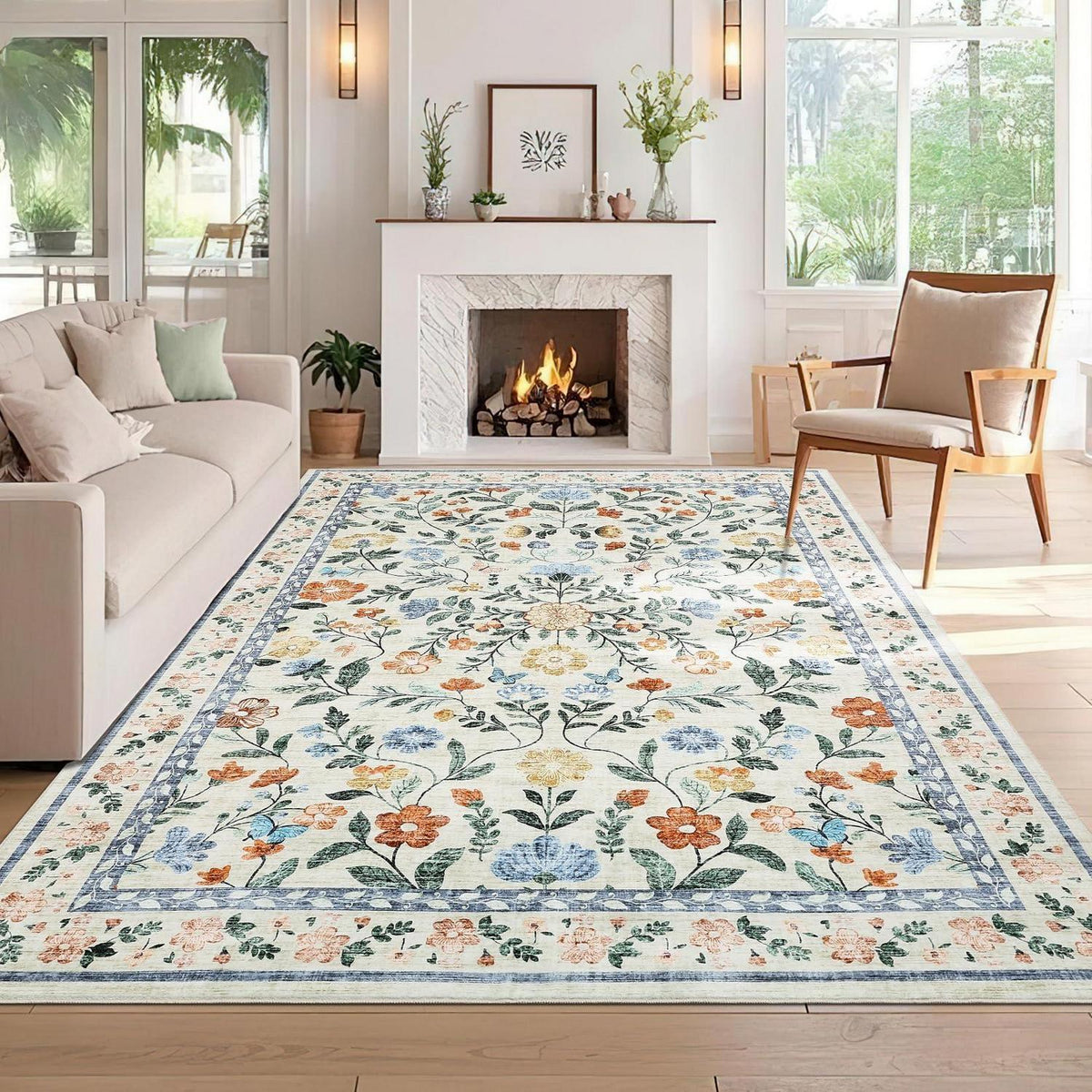 Wohnzimmer Teppich Blumenmuster 200x290 cm Waschbar Grün