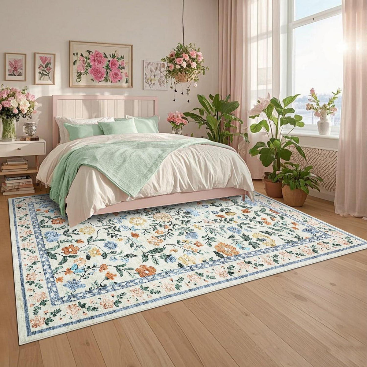 Wohnzimmer Teppich Blumenmuster 200x290 cm Waschbar Grün