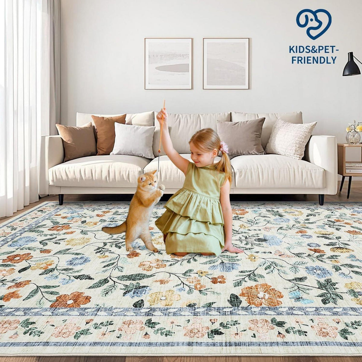Wohnzimmer Teppich Blumenmuster 200x290 cm Waschbar Grün