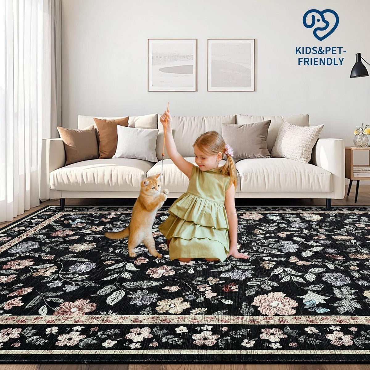 Waschbarer Teppich 200x290 cm – Rutschfest, Schwarz, Blumenmuster