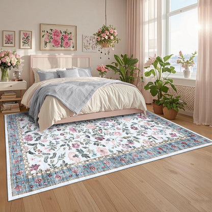 Waschbarer Teppich blau 200x290 cm – Rutschfest & Blumenmuster