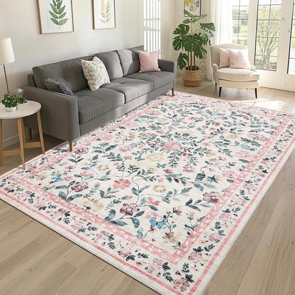 Waschbarer Teppich 160x230 cm – Rosa Blumenmuster, Rutschfest